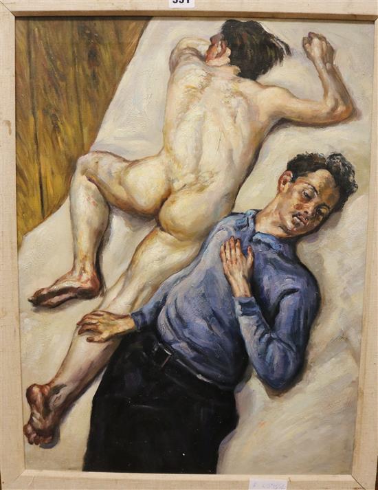 After Lucian Freud, oil on canvas, Reclining nude and companion, 59 x 44cm